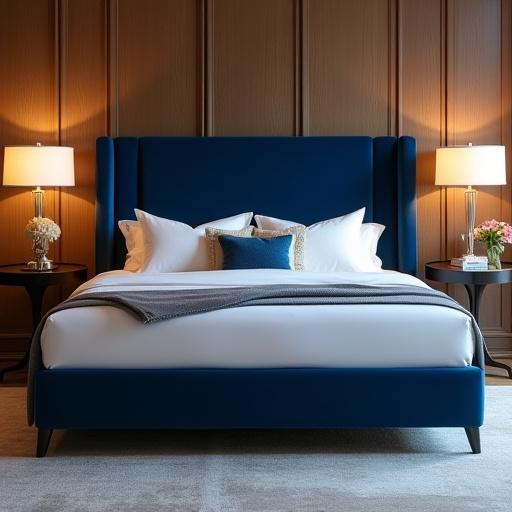 Letto matrimoniale con testiera imbottita in velluto blu, collezione Como, sintesi di lusso e serenità.
